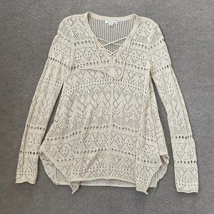 John Paul Richard Sweater Womens Small Beige Open Knit Tunic Lace Up Top Shirt